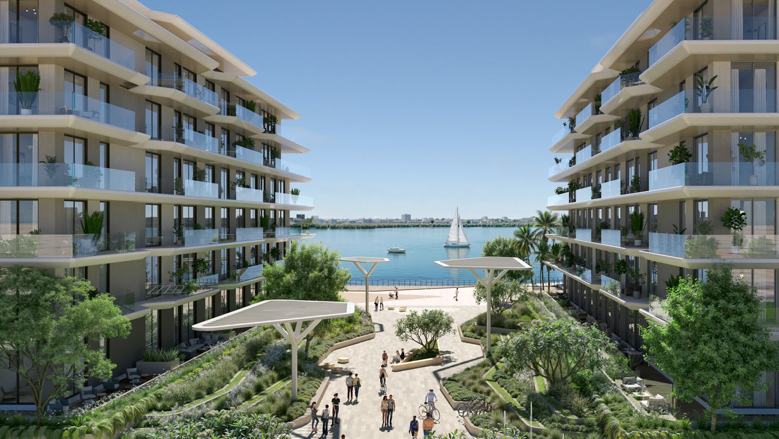 Bashayer residences framing a landscaped waterfront arrival