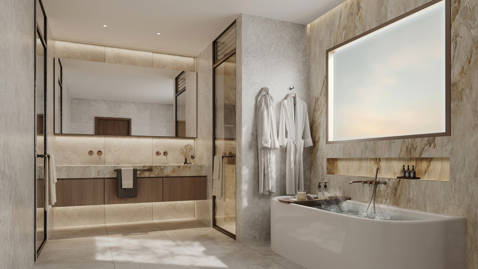 Bashayer bathroom interior with warm stone finishes